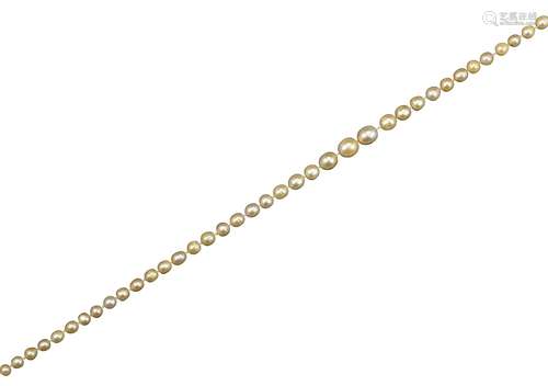 A single-row graduated natural pearl necklace, with a ruby-set clasp, 61cm Accompanied by report