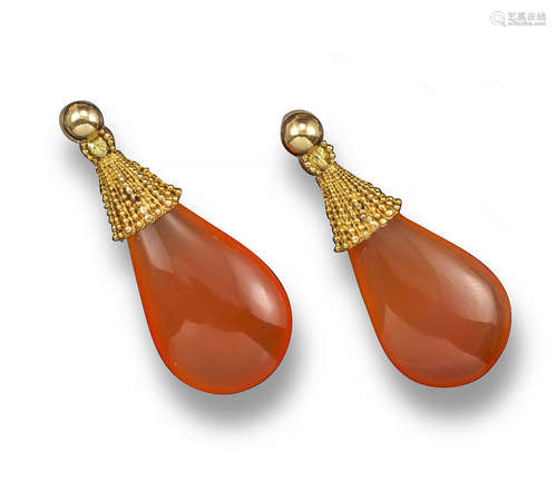 A pair of Victorian carnelian-mounted gold drop earrings, the top sections formed with graduated