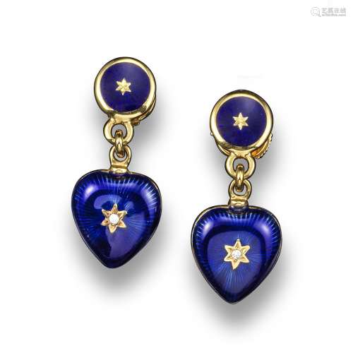 A pair of modern heart earrings by Fabergé, the blue enamel hearts are decorated with a diamond