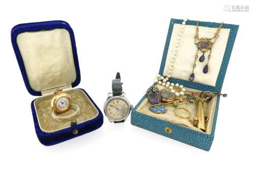 A mixed lot of jewellery, including an Edwardian amethyst and white-stone set gold pendant on a