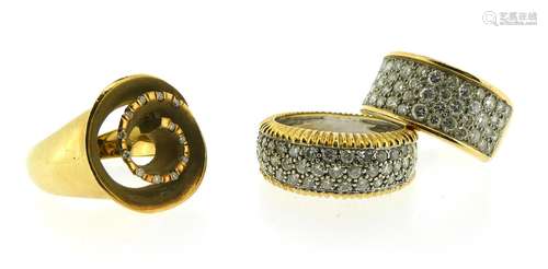 A diamond half-hoop ring, pave-set with circular-cut diamonds in yellow gold border on plain