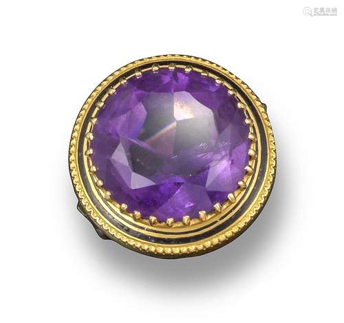 A Victorian amethyst-set gold ring, the circular-cut amethyst is set within a border of black enamel