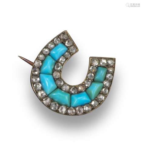 A early 20th century turquoise and diamond horse shoe brooch, centred with a line of buff-top