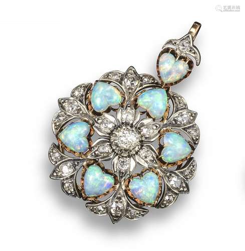 An early 20th century diamond and opal brooch pendant, of foliate design and set overall with