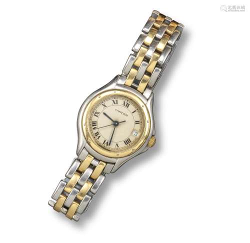CARTIER - a lady's steel and gold Panthère round wristwatch, the champagne dial with Roman numerals,