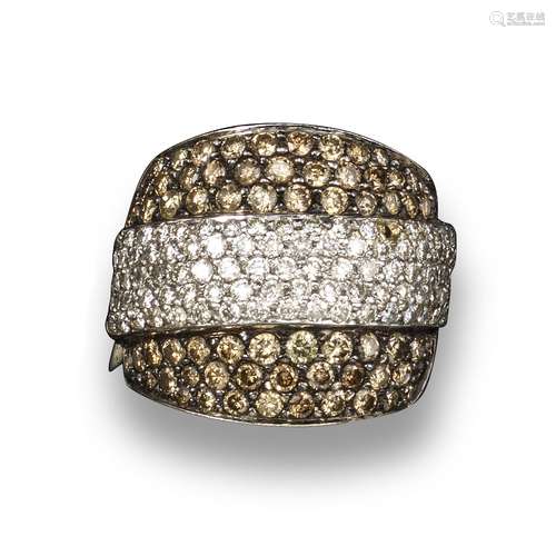 A brown and white diamond ring, the half hoop ring pave-set with brown circular-cut diamonds