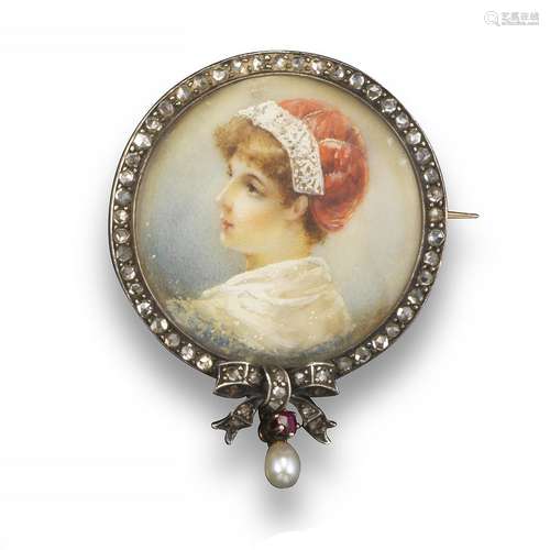 A miniature portrait in diamond frame, depicting a girl wearing a lace-trimmed cap and white