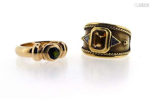 A citrine and diamond band ring, set with an emerald-cut citrine within triangular-shaped diamonds