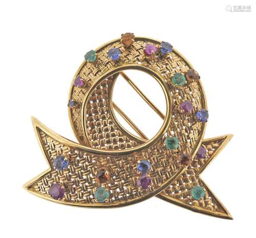 A French gem-set gold brooch, designed as twisted stylised fabric, of woven construction and set