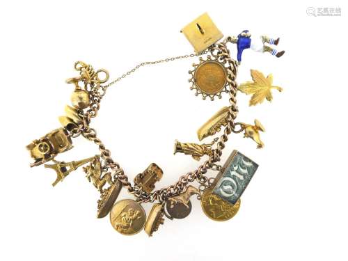 A gold charm bracelet, the 9ct curb-link bracelet mounted with assorted mainly 9ct gold charms,