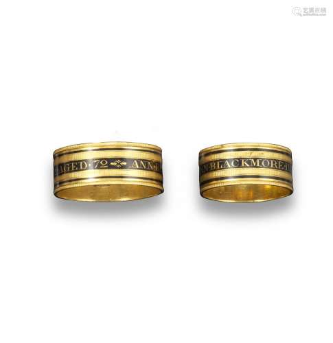 A pair of George gold mourning rings, with black enamel and inscription 'Ann Blackmore died 9 July