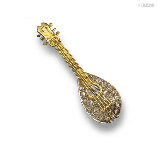 A diamond-set gold lute brooch, well detailed and pavé-set with rose-cut diamonds, maker's mark T.