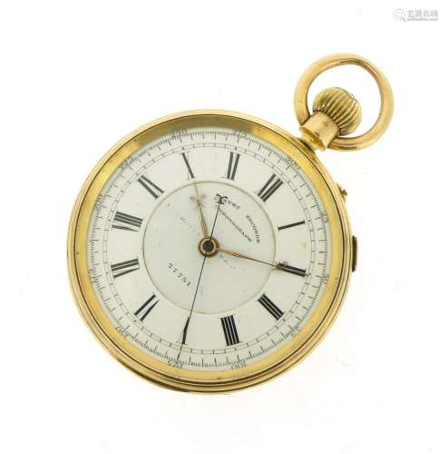 An open face centre-seconds chronograph pocket watch, hallmarked London 1881. Unsigned three-quarter
