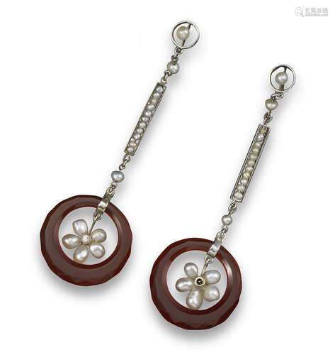 A pair of seed pearl and carved agate drop earrings, the faceted circular sections of agate