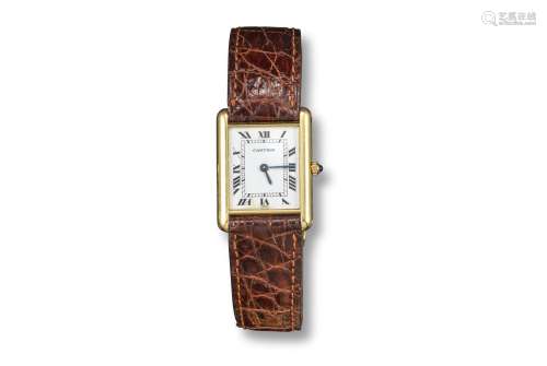 CARTIER - lady's 18ct gold Tank wrist watch, white dial with black Roman numeral hour markers,