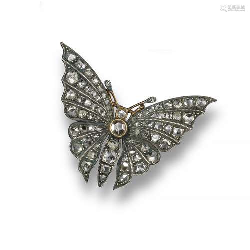 A diamond-set butterfly brooch, the rose-cut diamonds are millegrain-set in silver and gold, 4cm