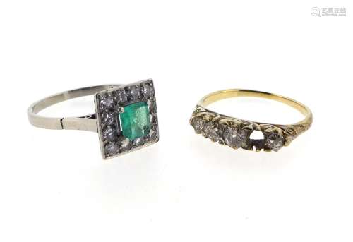 Two gem-set rings, one diamond five-stone ring (one stone loose), the graduated old circular-cut