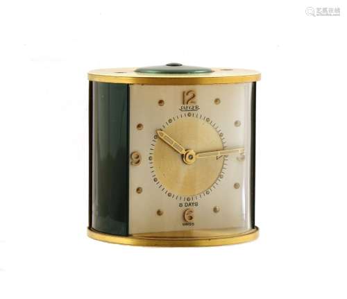JAEGER - a brass eight-day alarm desk clock, cream dial with gilt central alarm wheel, gilt dot hour