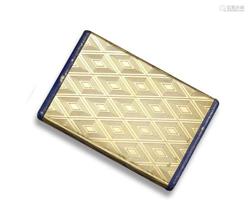 A rectangular gold box with lapis lazuli sides, with concentric diamond-shaped engine-turned