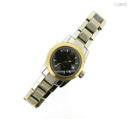 GIRARD PERREGAUX - a lady's bi-metal bracelet watch reference 8039, black dial with gold baton