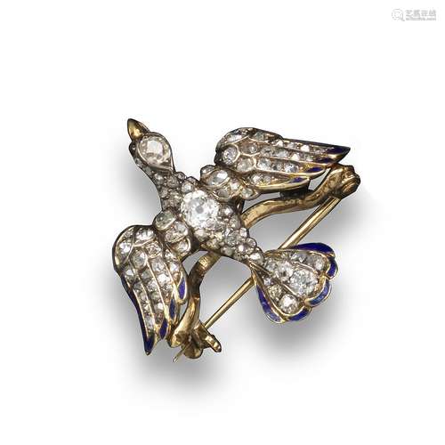 A 19th century diamond-set dove brooch, set with graduated old cushion-shaped diamonds, blue