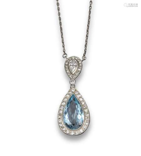 An aquamarine and diamond pendant, the pear-shaped aquamarine is set within a surround of single-cut