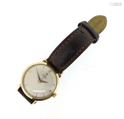 OMEGA - a gentleman's 9ct gold wrist watch, silver dial with gold dart hour markers and Arabic