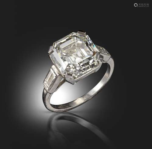 A diamond solitaire ring, the Asscher-cut diamond weighs 4.52cts, set with baguette-shaped