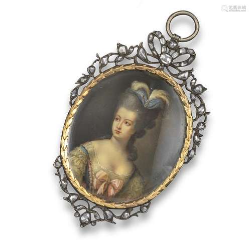 A miniature painting in the manner of Antoine Vestier, Marie Antoinette wearing a lace-trimmed dress