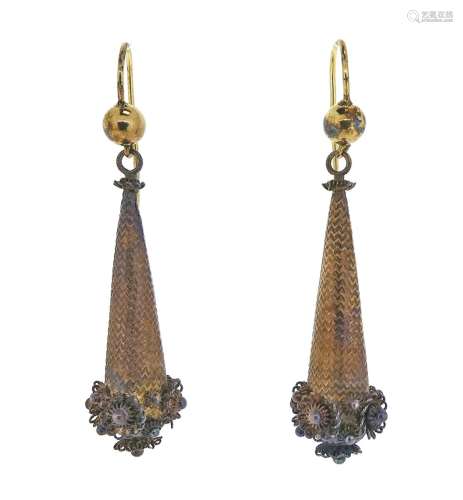 A pair of Victorian gold cannetille drop earrings, of conical form and suspending from later gold