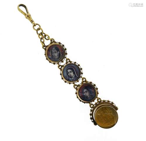 A gold fob-mounted with four double-sided circular glazed lockets, containing six portraits of