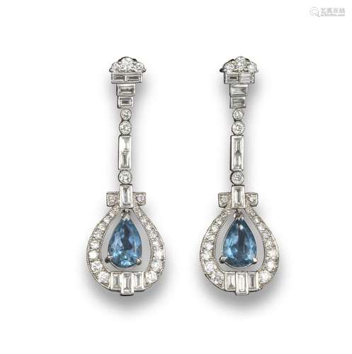 A pair of aquamarine and diamond drop earrings, the pear-shaped aquamarines suspend within a