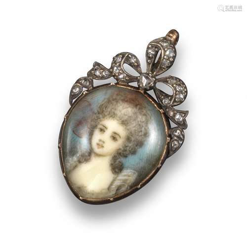 A George III locket pendant, depicting the portrait of a lady beneath a diamond-set bow in glazed