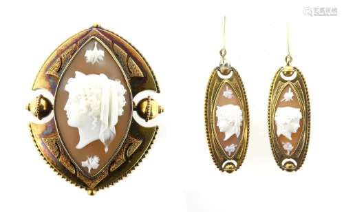 A suite of carved shell cameo jewellery, the brooch cameo depicting Demeter in a lozenge-shaped gold