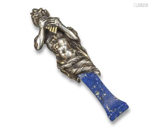 A silver and lapis lazuli desk seal, modelled as Pan playing the pipes, the lapis lazuli pedestal