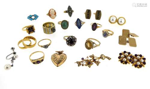 A mixed lot of gem-set gold jewellery including, a 19th century navette-shaped diamond cluster