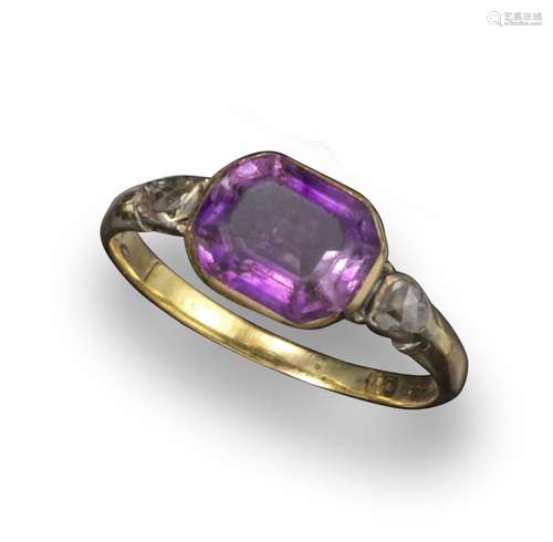 A George III amethyst and diamond ring, the amethyst set in a gold closed-back mount with two rose-