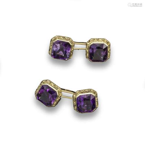 A pair of amethyst-mounted gold cufflinks, the octagonal-shaped amethysts each set in scroll