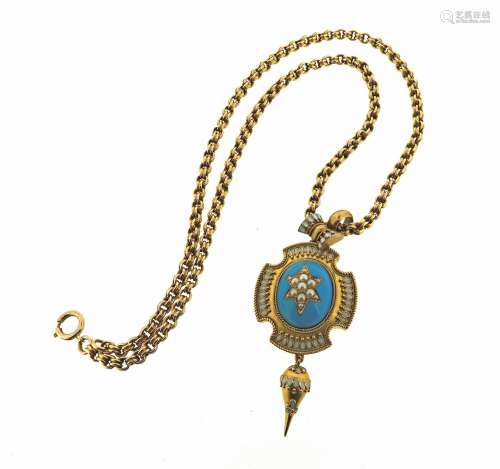 A Victorian gold locket pendant, the domed centre section decorated with blue enamel and with seed