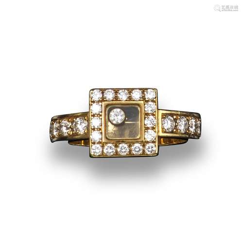 A Happy Diamonds ring by Chopard, the rectangular plaque set with circular-cut diamond border, the