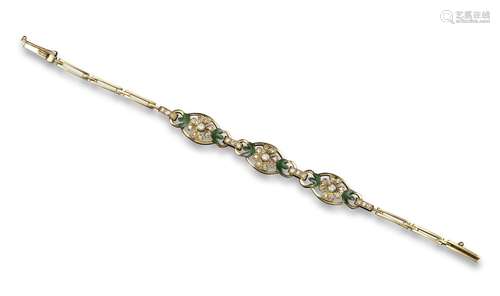 A yellow gold bracelet, mounted with three diamond-set flower head centred links with green enamel