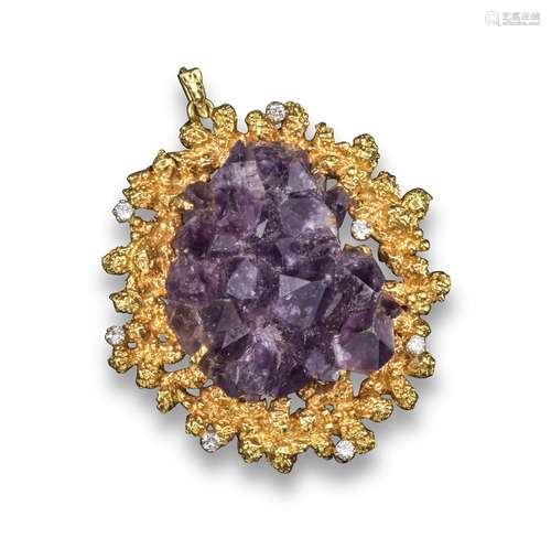 An amethyst and diamond-set abstract pendant, c1970, the rough amethyst centre is set within