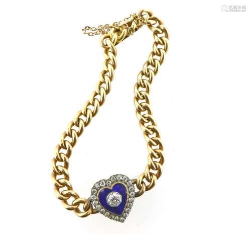 A gold curb link bracelet, centred with a heart-shaped locket centred with a circular-cut diamond on