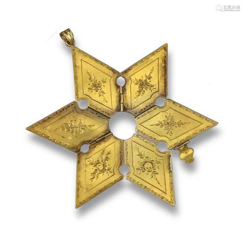 An early 20th century gold star-form six locket pendant, each hinged locket with internal