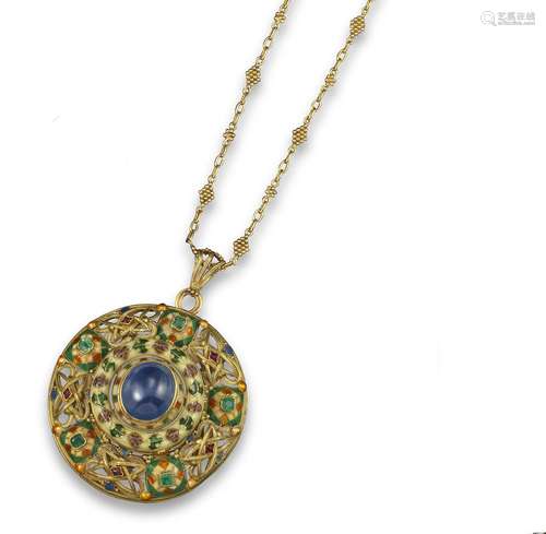 An intricate cabochon sapphire enamel and gem-set pendant by H.G. Murphy, the circular pendant set