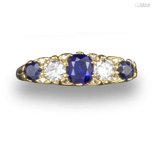 A sapphire and diamond five-stone ring, the three sapphires and two circular-cut diamonds are set in