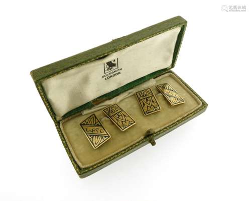 A pair of gold and niello rectangular cufflinks, the niello depicting the letters CWPC (the initials