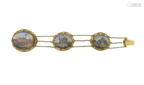 An early 19th century panel bracelet, set with oval painted scenes of the Taj Mahal and Moti