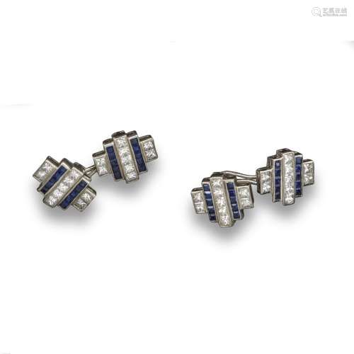 A pair of French sapphire and diamond cufflinks, alternately-set with lines of princess-cut diamonds