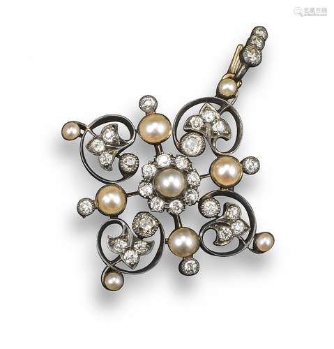 A Victorian diamond and seed pearl quatrefoil pendant, 3.8cm high